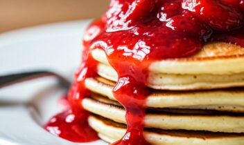 stack of banana pancakes topped with strawberries and jam