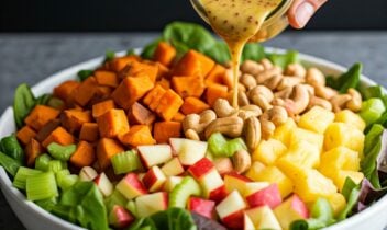 bowl of lettuce topped with chopped apple, sweetpotato, pineapple tidbits, celery and a honey mustard dressing