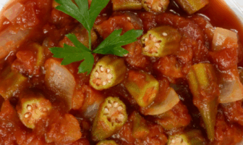 okra stewed with tomatoes, onions, jalapenos