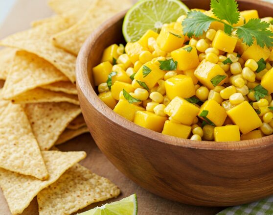 mango and corn salsa with cilantro and lime wedges alongside corn tortilla chips