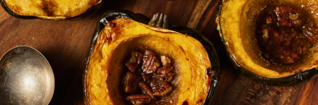 roasted acorn squash with skin on and pecans in center