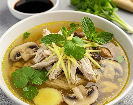bowl of lemongrass chicken soup with mushrooms topped with fresh herbs