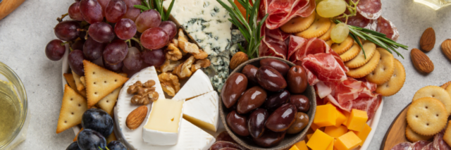 fruit, charcuterie, cheese, chocolate almonds