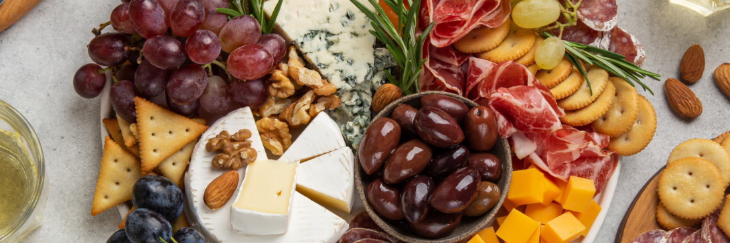 fruit, charcuterie, cheese, chocolate almonds