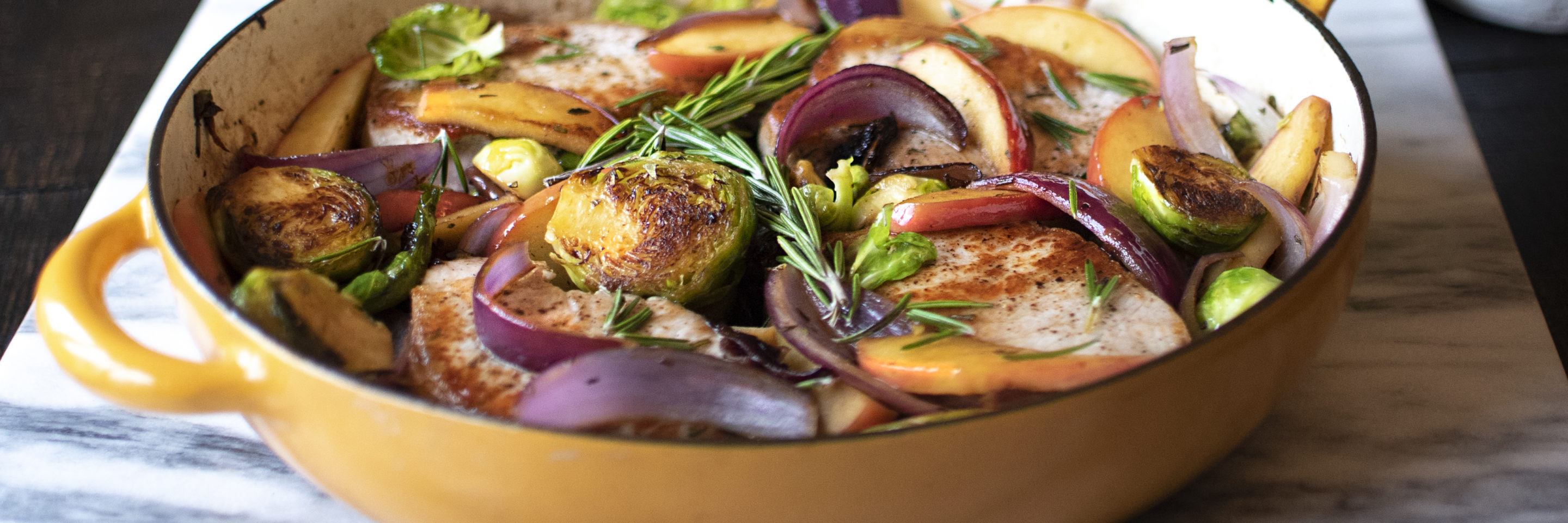 One Skillet Pork Chops, Brussels Sprouts & Sugarbee Apples Recipe
