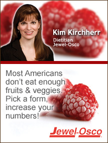 Insider's Viewpoint: Expert Supermarket Advice: Fill Half Your Plate with All Forms of Fruits & Veggies. Kim Kirchherr. Dietitian, Jewel-Osco. Fruits And Veggies More Matters.org