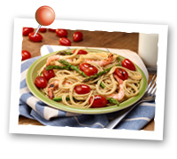 Click to view larger image of Roasted Grape Tomatoes, Asparagus and Shrimp over Pasta: Fill Half Your Plate with Fruits & Veggies : Fruits And Veggies More Matters.org