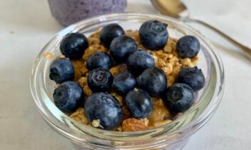 blueberry muffin overnight oats in a glass jar