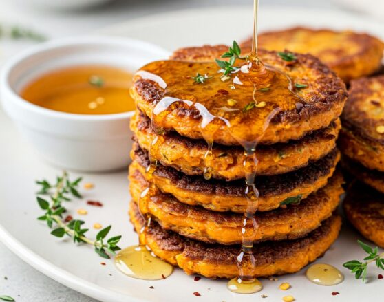 smashed sweetpotatoes with a drizzle of spicy infused honey and fresh thyme sprig on top