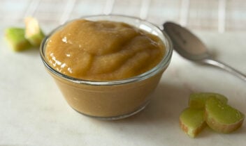 small glass bowl of applesauce with rhubarb slices and spoon on a table