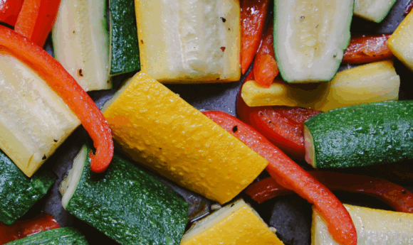 zucchini, yellow squash, red bell pepper roasted on sheet pan