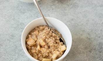 bowl of hot oatmeal with diced apples in it