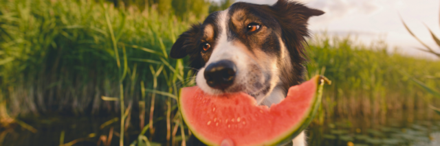 brown and white dog eating a slice of watermelon on a dock by the water