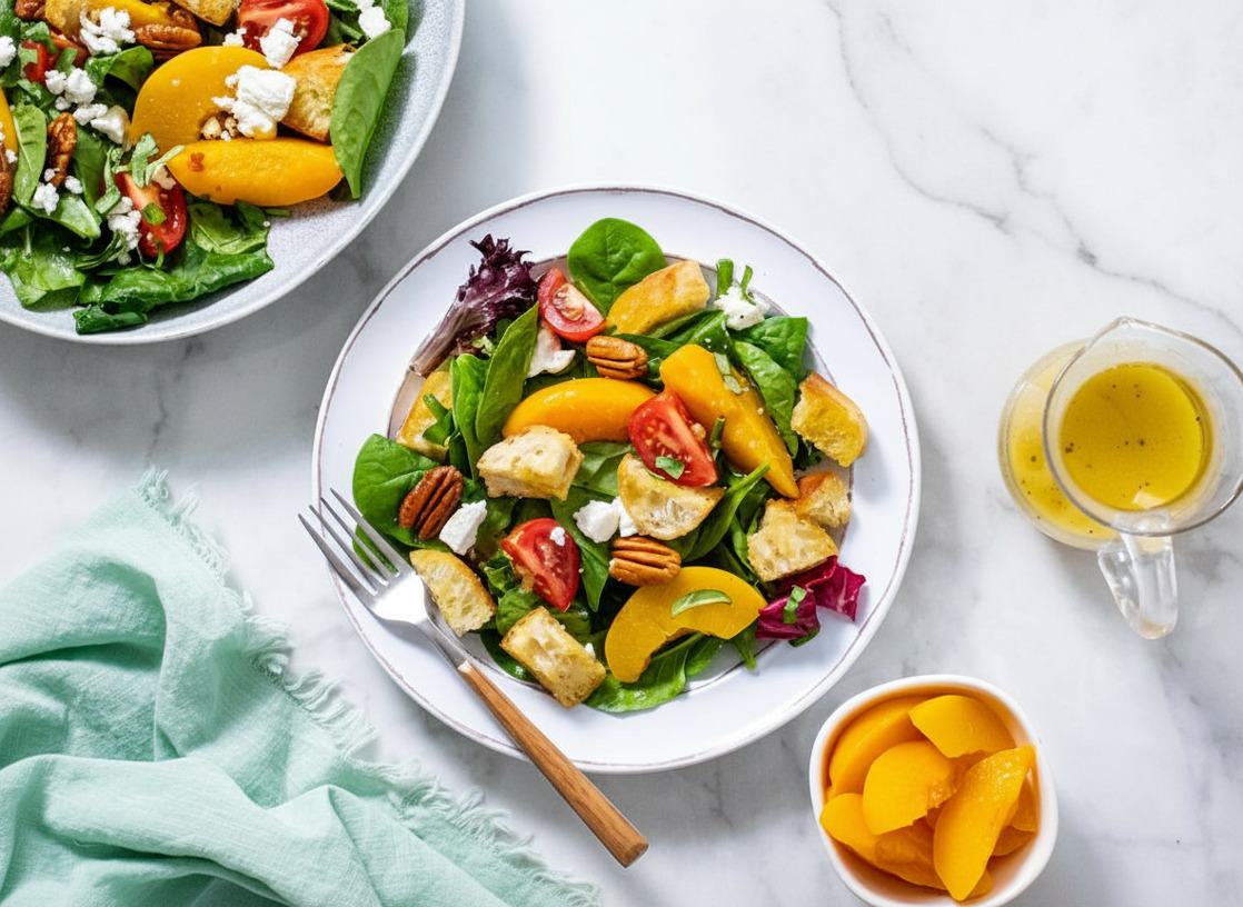 mixed greens topped with crusty bread pieces ripe peaches tomatoes and goat cheese