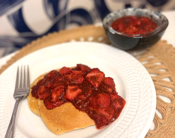 snazzy strawberry sauce_DDPG-edited strawberry chia sauce over pancakes