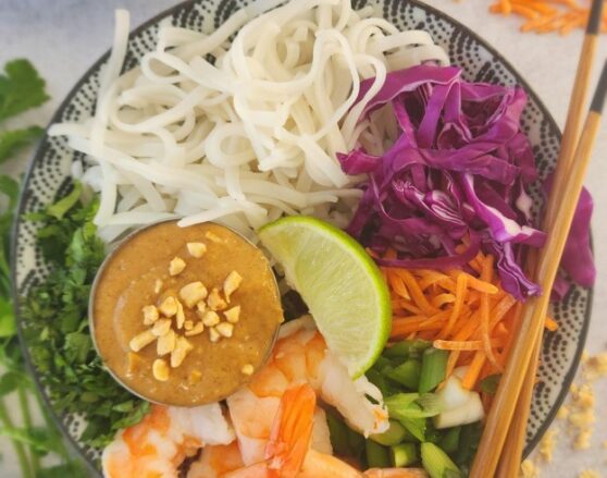 shrimp noodle bowl with peanut sauce